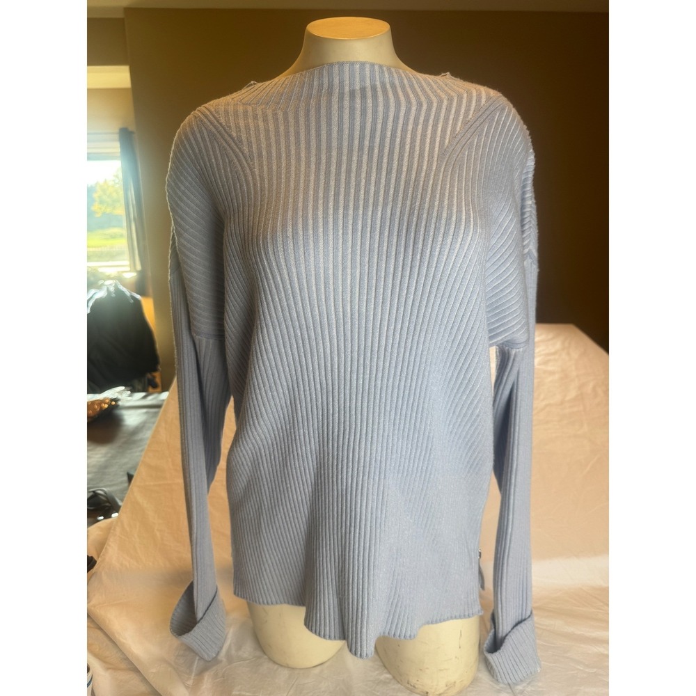 Varley Kingsley Mock Neck Ribbed Sweater Blue Side Zip Quiet Luxury